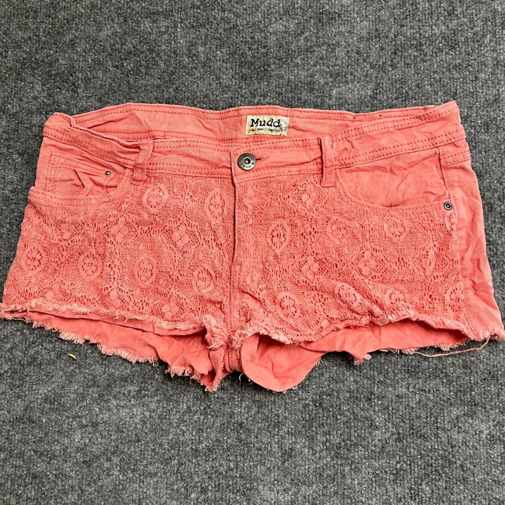 Mudd Shorts Womens Size 13 Coral Pink Lace Overlay Raw Hem Boho Summer Casual